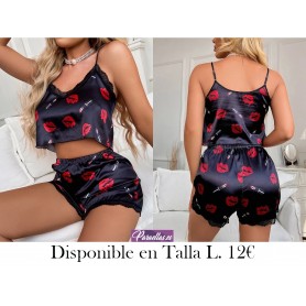 Conjunto de pijama de tirantes con estampado labios & Lápiz labial ribete con encaje de satén