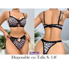 Set de lencería con estampado de leopardo de malla con abertura con aro