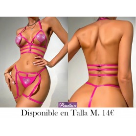 Set de lencería con diamante de imitación con patrón de corazón con abertura halter inalámbrico