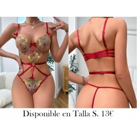 Body teddy con bordado floral de malla con abertura con aro