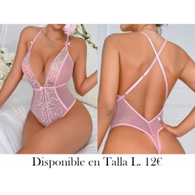 Body teddy con encaje en contraste de malla de cuello profundo con lazo delantero de espalda abierta con tira cruzada
