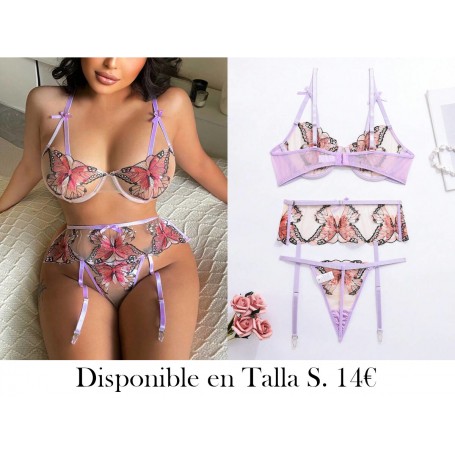 Set de lencería con bordado de mariposa de malla con aro con liga
