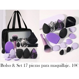 1 bolsa de cosméticos multifuncional con cremallera impermeable + juego de herramientas de maquillaje de 17 piezas