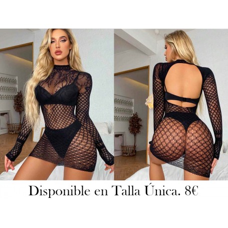 Conjunto De Lencería Negra Sexy Que Incluye Vestido De Manga Larga, Mini Falda, Ahuecado, Sin Espalda Y Body Ceñido