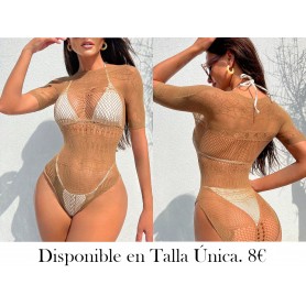 Body de lencería sexy para mujer con incrustaciones de pedrería, transparente y con huecos sin ropa interior
