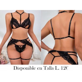 3 Piezas/set Conjunto De Lencería Sexy Hueca De Encaje Y De Color Sólido Para Mujer