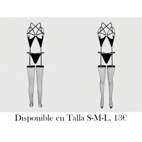 Conjunto de lencería sexy para mujeres: Body de malla de unicolor con huecos, Bra, Tanga y Medias.