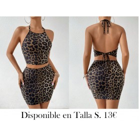 Conjunto de top y falda de tirantes sexy con estampado de leopardo