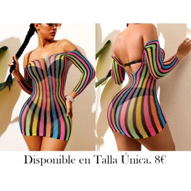 Vestido de malla semitransparente con mangas largas y estampado a rayas