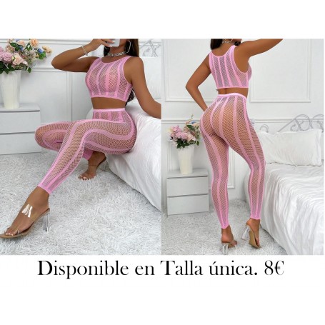 2 piezas Conjunto de top de malla sexy y pantalones ajustados de cintura alta para mujer