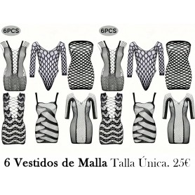 Conjunto de seis piezas de vestido con diseño de semiperspectiva hueca de malla, lencería y ropa interior sexy para mujer