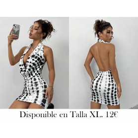 Vestido sexy de espalda descubierta y halter con estampado de corbata teñida en blanco y negro para mujer