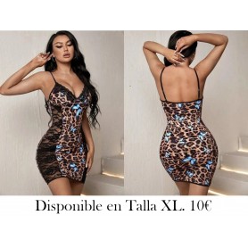 1 pieza Vestido de encaje transparente con estampado de mariposa y leopardo para mujer, con una cintura envuelta ajustada