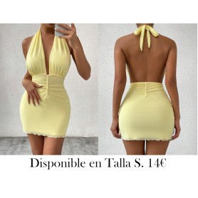 Vestido sexy de mujer con cuello halter en V y espalda descubierta de unicolor