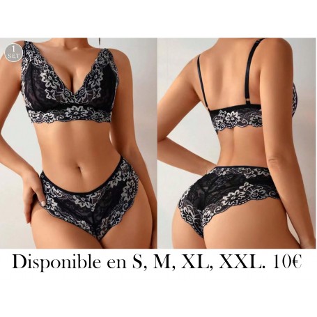 Set de lencería negra sexy para mujer de 2 piezas con encaje transparente y Set de 3 piezas de ropa interior con tirantes