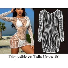 Vestido largo transparente de rejilla con hueco blanco liso sin bikini, ropa de baño y ropa de mujer