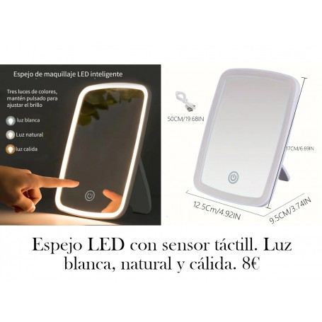 Espejo de maquillaje LED con sensor táctil, 3 modos de iluminación de colores