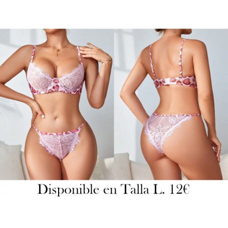 Conjunto de lencería de sujetador y pantie con flores rosadas dulces y encaje con forma de corazón para mujer