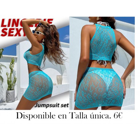 2 piezas Conjunto de lencería sexy para mujer, sujetador con aros transparente azul claro y minifalda ajustado de red