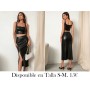 2 piezas Conjunto de blusa negra de PU y falda maxi con dobladillo dividido para mujer