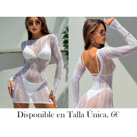 Vestido hueco de punto liso blanco de manga larga transparente calado liso