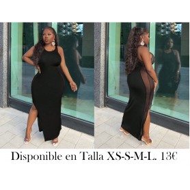 Vestido midi negro de malla casual con corte alto en la abertura lateral, sin mangas, ajustado al Body - E