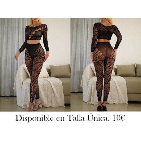 Conjunto de lencería sexy de 2 piezas para mujer: top de manga larga y medias sin costuras, textura de onda negra