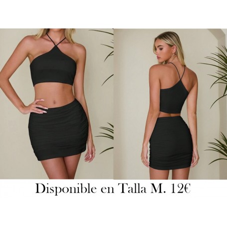 Conjunto de 2 piezas para mujer de verano de unicolor, parte superior halter ajustada y falda mini ajustado plisada