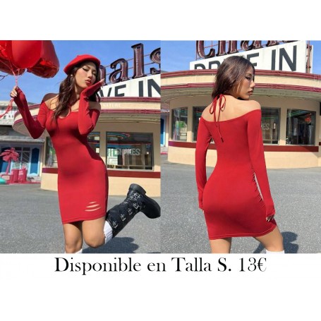 Vestido De Punto Rojo Sin Mangas Con Cuello Halter De Ajuste Ceñido