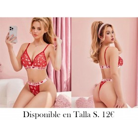 Conjunto de ropa interior de malla con forma de corazón para mujer (sujetador sin cables y tanga)