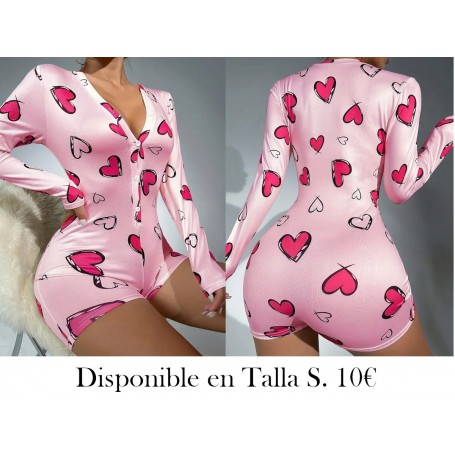 Mono Corto Estampado De Corazones, Mono Casual Con Botones Delanteros Y Mangas Largas, Ropa De Mujer