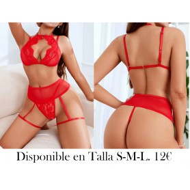 Classic Sexy Conjunto de lencería sexy de encaje rojo de 3 piezas de malla