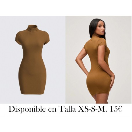 Vestido mini ajustado de manga corta de punto de color liso y cintura alta para mujeres