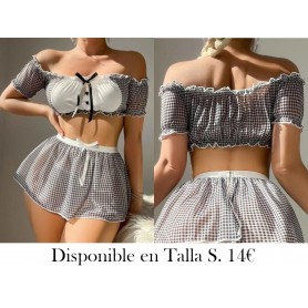 Conjunto de 3 piezas con vestido de criada de estilo Halloween de un hombro con falda con volantes y lencería sexy