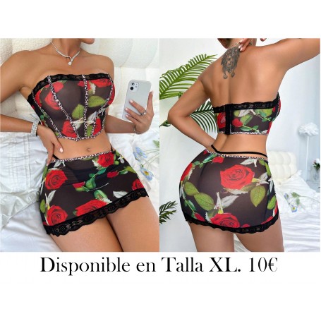 Conjunto de lencería sexy de fantasía con encaje floral y banda (3 piezas)