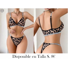 Conjunto de sujetador inalámbrico y tanga de mujer con estampado de leopardo y correa metálica