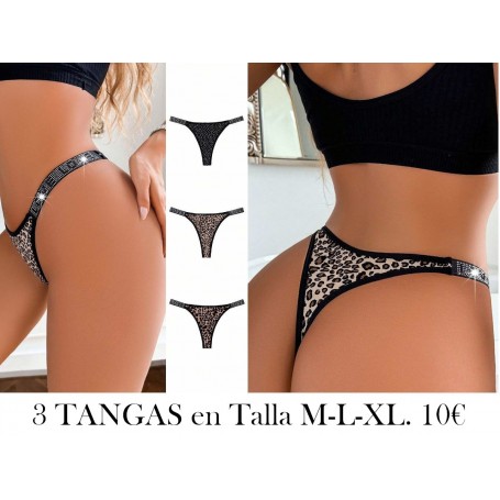 Conjunto de lencería de 3 piezas/set con decoración de rhinestone y estampado de leopardo, tanga sexy