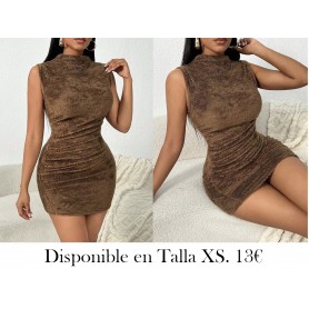 Vestido de suéter tejido cálido y mullido marrón para mujer, otoño