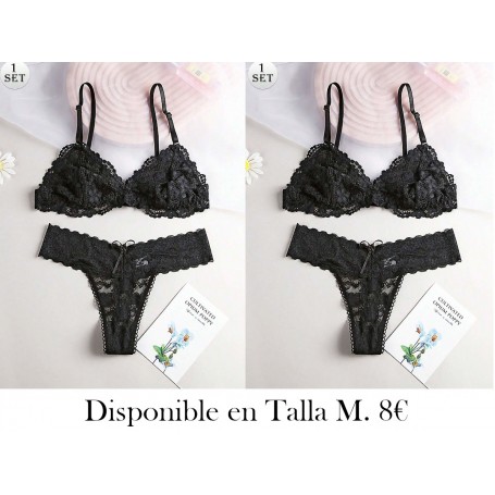 Conjunto de lencería con sujetador sin alambre, con relleno ligero, transpirable, de encaje, con espalda sexy, sin costuras