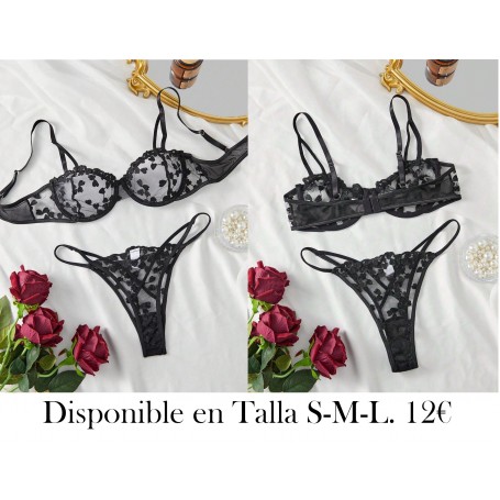 Conjunto de lencería sexy transparente con tirantes finos y bordado de corazón para mujer