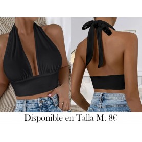 Top Corto Halter Con Escote En V Sólido, Top Sin Espalda De Estilo Vacacional Para El Verano, Ropa De Mujer