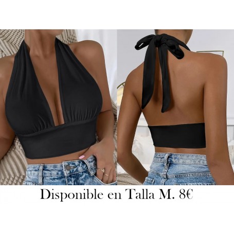 Top Corto Halter Con Escote En V Sólido, Top Sin Espalda De Estilo Vacacional Para El Verano, Ropa De Mujer