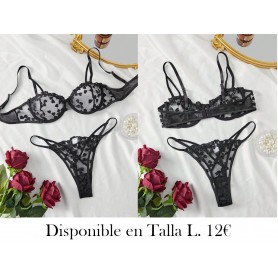 Conjunto de lencería sexy transparente con tirantes finos y bordado de corazón para mujer