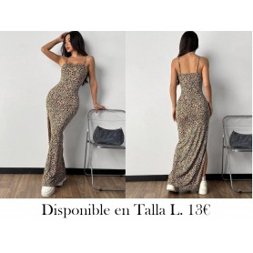 Vestido largo con abertura lateral y tirantes finos con estampado de leopardo para mujer