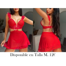 Vestido de lencería sexy con corte de encaje y malla, con tanga