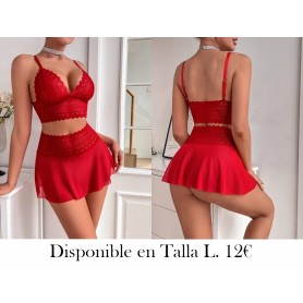 Conjunto de lencería sexy para mujer de 2 piezas, sujetador sin aros de encaje rojo y falda