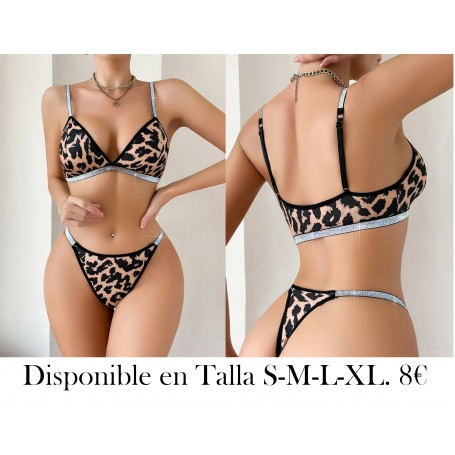 Conjunto de lencería sexy, sujetador de tirantes brillantes con estampado de leopardo y braguitas inalámbricas