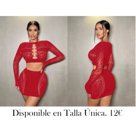 Conjunto de 2 piezas para mujer: Top corto de manga larga calado y mini falda ajustada