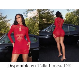 Vestido ceñido de manga larga y cuello alto de malla sexy color burdeos para mujer