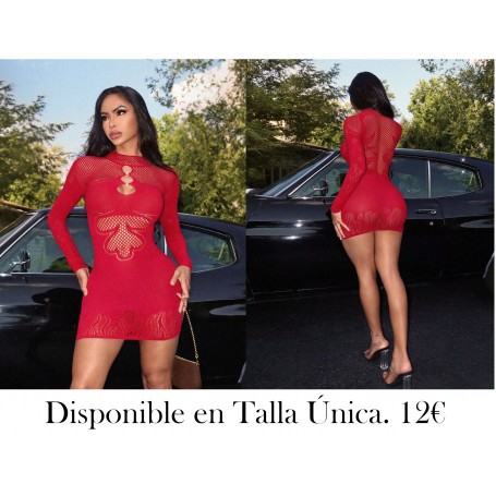 Vestido ceñido de manga larga y cuello alto de malla sexy color burdeos para mujer